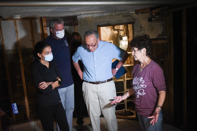 Mayor Bill de Blasio joins Senator Chuck Schumer, US Representative Alexandria Ocasio-Cortez, and FEMA Administrator Deanne Criswell to survey storm damage in Woodside, Queens on Monday, September 6, 2021.