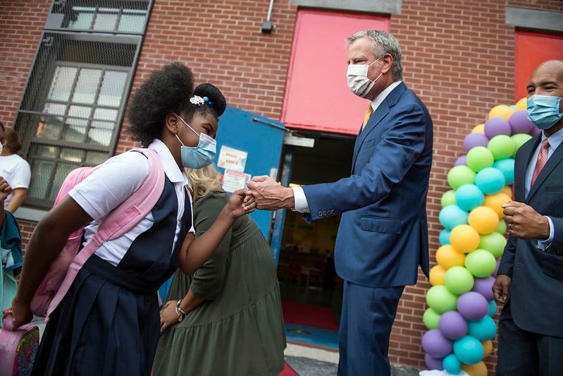 Mayor Bill de Blasio and Schools Chancellor Porter welcome students back for the first day of school at P.S. 25 in the Bronx. Monday, September 13, 2021.