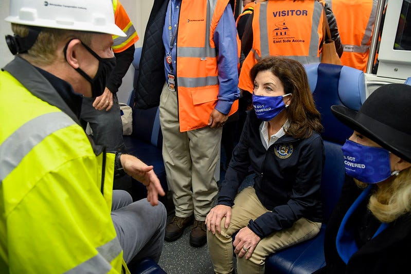 Governor Kathy Hochul joins MTA Acting Chair & CEO Janno Lieber, Rep. Carolyn Maloney, LIRR President Phil Eng, and SMART General Chairman Anthony Simon aboard a test train from Jamaica to the East Side Access complex at Grand Central Terminal on Sun., October 31, 2021.