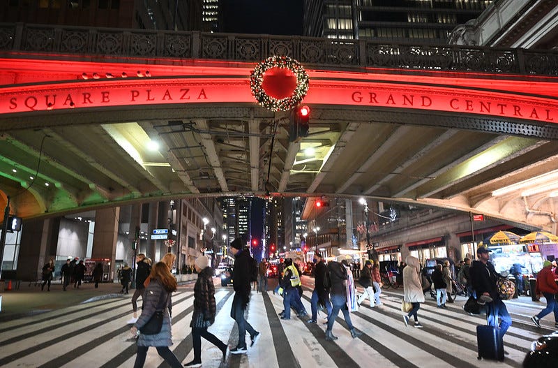 Grand Central Plaza lit red for World AIDS Day 2021.