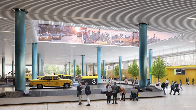 This rendering shows an interior view of the New Terminal 1's arrivals hall and baggage claim area