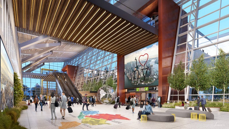 This rendering shows an interior view of the New Terminal 1's arrivals hall