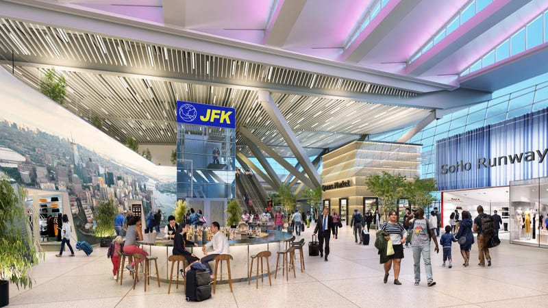 This rendering shows an interior view of the New Terminal 1's post-security retail and dining plaza