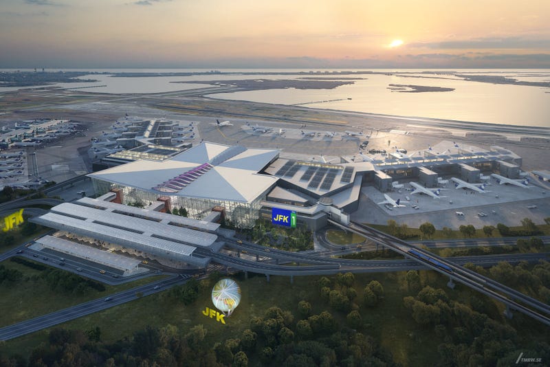 This rendering shows another exterior view of the New Terminal 1 departures and arrivals hall and frontage
