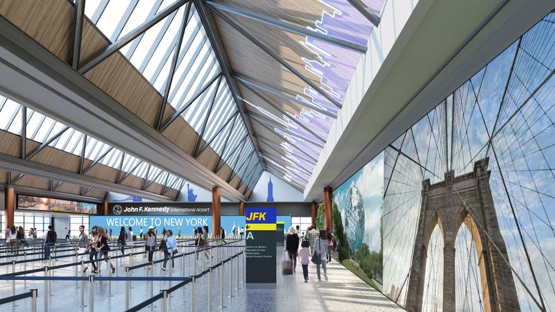 This rendering shows an interior view of the New Terminal 1's customs hall