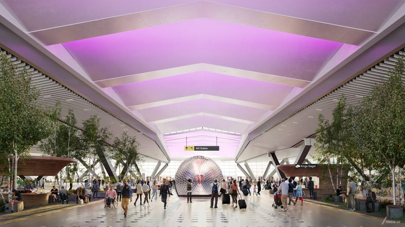 This rendering shows an interior view of the New Terminal 1's departures hall
