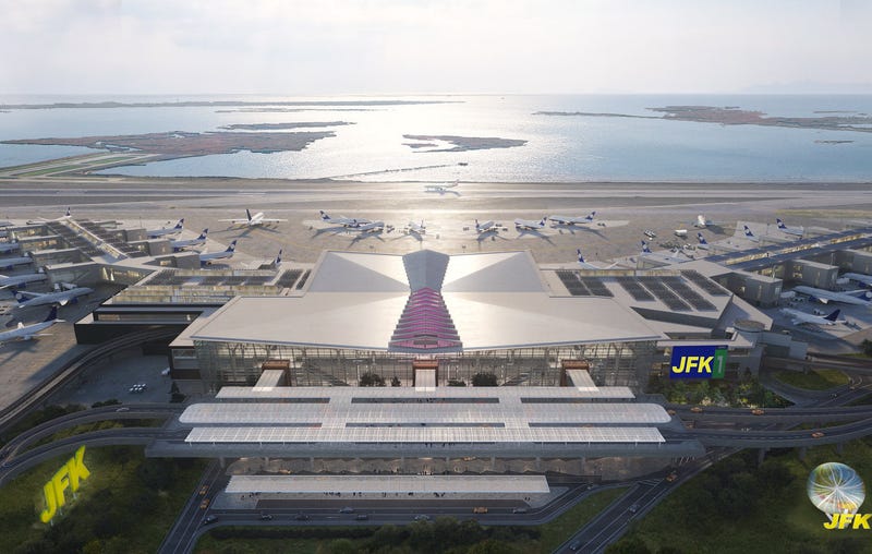 This rendering shows an exterior view of the New Terminal 1 departures and arrivals hall and frontage