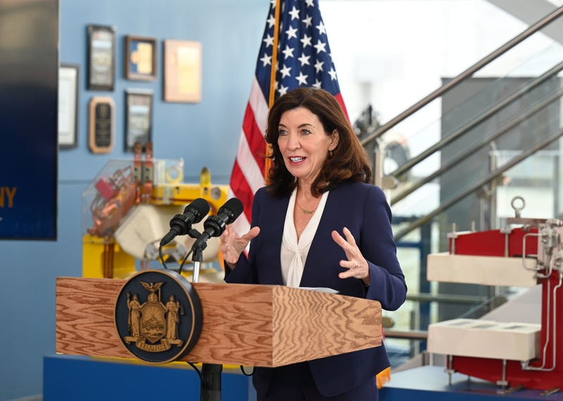 Gov. Kathy Hochul speaks at a COVID-19 briefing before touring the Brookhaven National Laboratory in Suffolk County on Friday