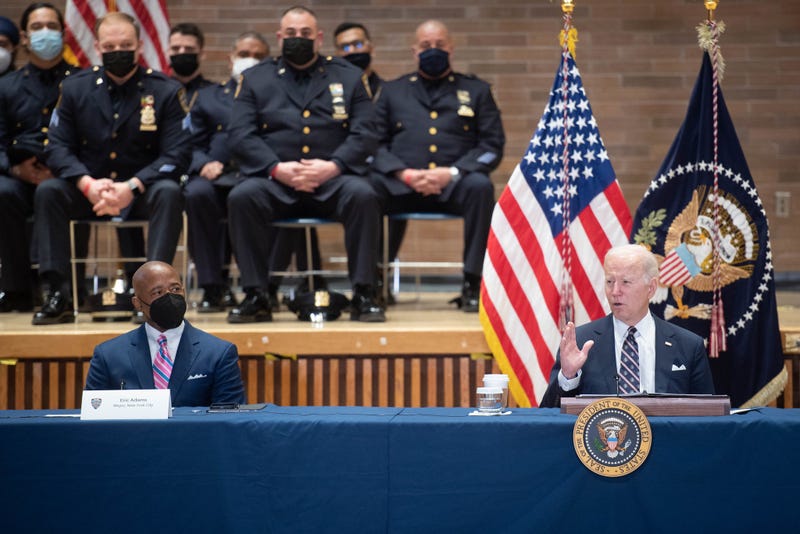 Mayor Eric Adams and President Joe Biden at NYPD headquarters in Manhattan on Feb. 3, 2022