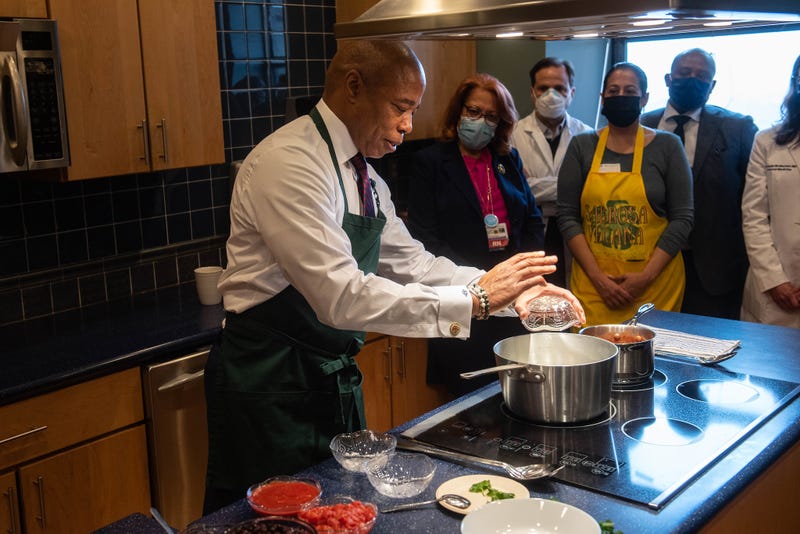 Mayor Eric Adams makes a health-related announcement and lead a plant-based cooking demo at King's County Hospital in Brooklyn on Monday, February 7, 2022. 