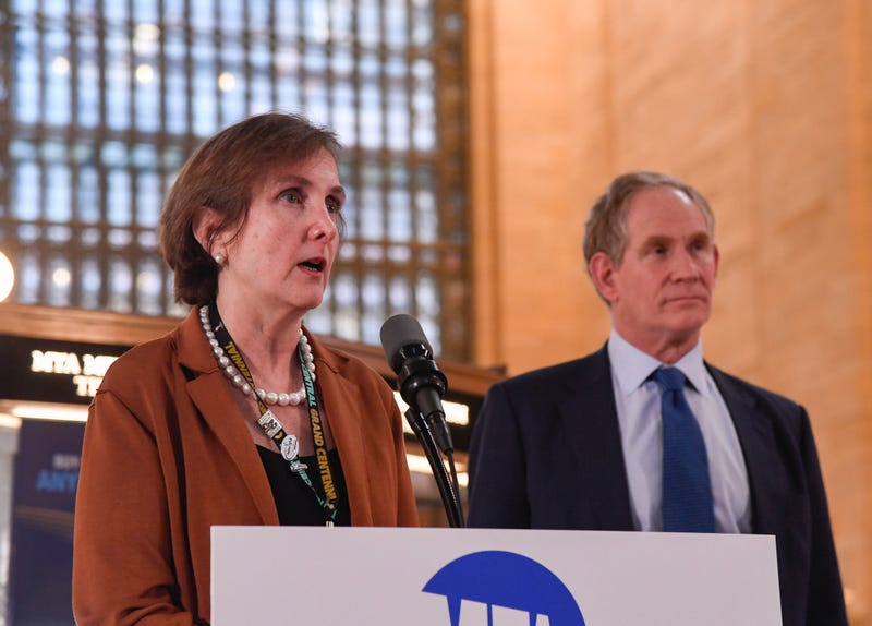 Metro-North president Catherine Rinaldi (left) and MTA chair and CEO Janno Lieber (right) at Grand Central Terminal on Thursday, when officials announced LIRR president Phil Eng would be retiring
