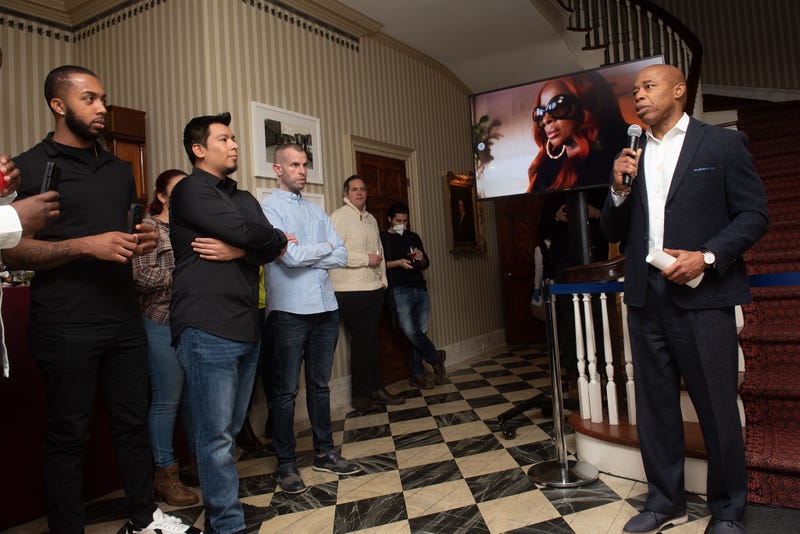 Mayor Eric Adams hosts a Super Bowl party at Gracie Mansion for first responders on Sunday, February 13, 2022