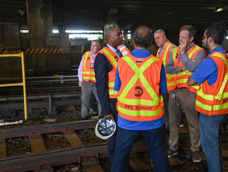 NYC Transit President Richard Davey and Senior Vice President of Subways Demetrius Crichlow at Mosholu Yard, where a train operator was found unconscious and unresponsive between tracks 10 and 11 on Aug. 11, 2022