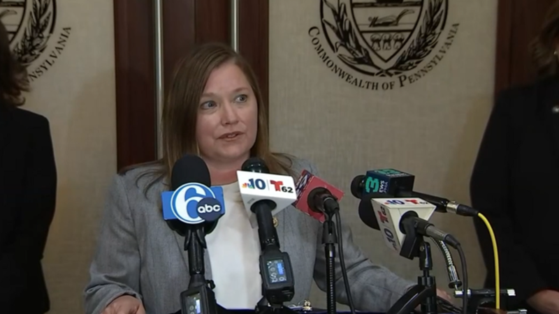 Pennsylvania Attorney General Michelle Henry announces charges against 22 people involved in an allege se-trafficking operation.