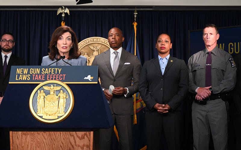 Governor Kathy Hochul today, with New York City Mayor Eric Adams, addressed new public safety actions ahead of new gun laws going into effect in New York state. Starting tomorrow, concealed weapons will no longer be permitted on subways, in bars, and in sensitive locations including Times Square