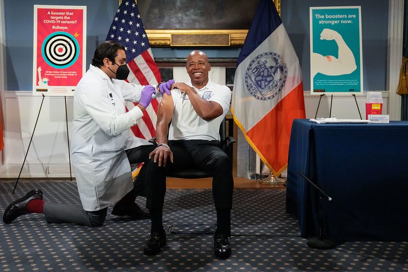 New York City Mayor Eric Adams receives his second COVID-19 booster shot at City Hall on Tuesday, September 20, 2022. 