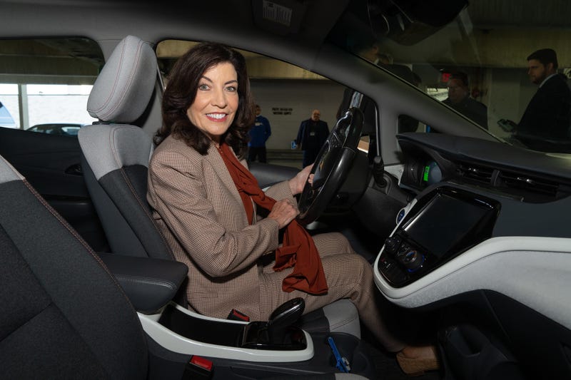 Gov. Kathy Hochul in an all-electric Chevy Bolt at a press conference in White Plains on Thursday
