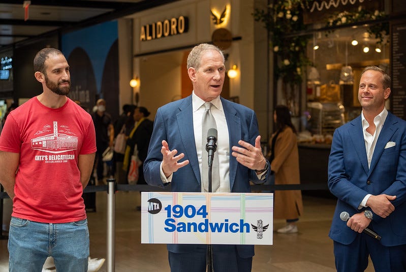 From left: Jake Dell of Katz's Deli, MTA Chair & CEO Janno Lieber, Jon Streep of Alidoro