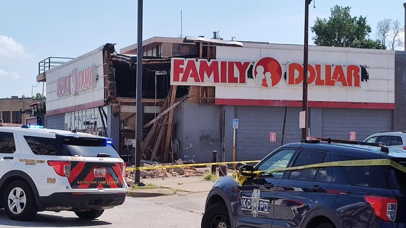 Collapsed facade of Family Dollar store in KC's Midtown