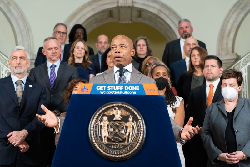 Adams at the NYC Legal Fellows Program announcement, where reporters asked him about how the administration would handle the investigation into Ulrich.