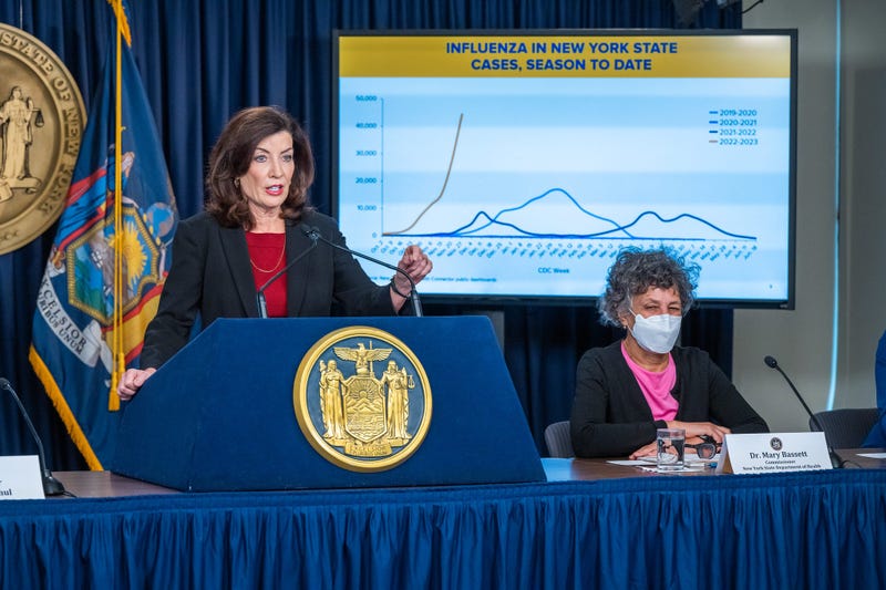 Gov. Kathy Hochul and Dr. Mary Bassett, the health commissioner, at a Dec. 7, 2022, press conference in Midtown Manhattan. A graph shows a spike in flu cases this fall
