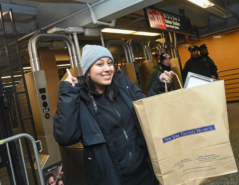 MTA Chair & CEO Janno Lieber, NYCT President Richard Davey, and Acting Chief Customer Officer Shanifah Rieara recognize Bronx resident Sasha Salazar as the one billionth subway rider of 2022 during a ceremony at the 161 St-Yankee Stadium station on Tuesday, Dec 27, 2022.