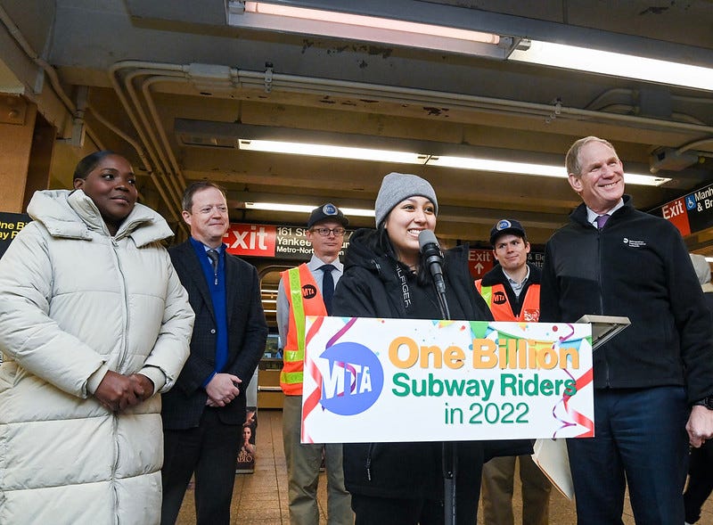 MTA Chair & CEO Janno Lieber, NYCT President Richard Davey, and Acting Chief Customer Officer Shanifah Rieara recognize Bronx resident Sasha Salazar as the one billionth subway rider of 2022 during a ceremony at the 161 St-Yankee Stadium station on Tuesday, Dec 27, 2022.