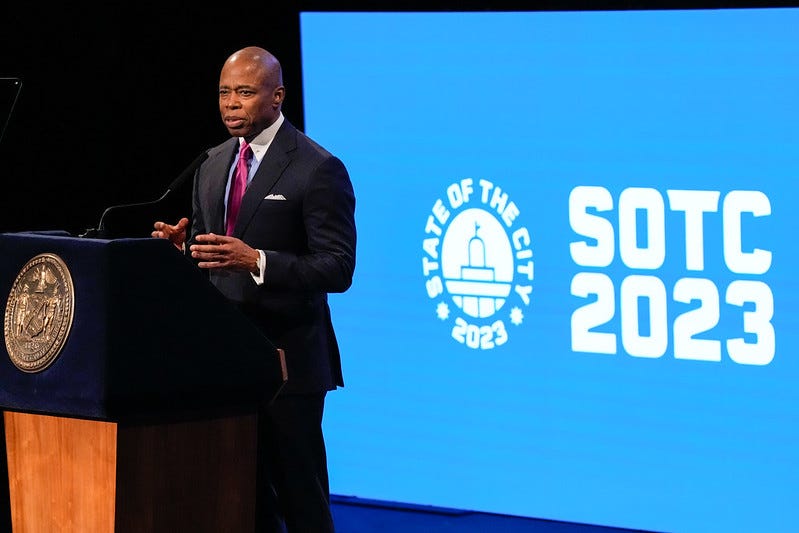Mayor Eric Adams delivers his first State of the City address at Queens Theater on Thursday, Jan. 26, 2023.