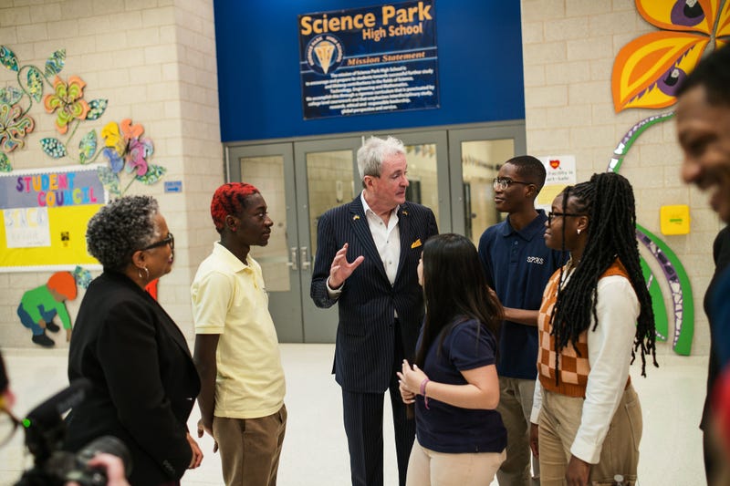 Gov. Phil Murphy and Newark Mayor Ras Baraka visit an African American history class at Science Park High School on Feb. 14, 2023, to announce that New Jersey will be increasing the number of AP African American Studies classes offered in the state.