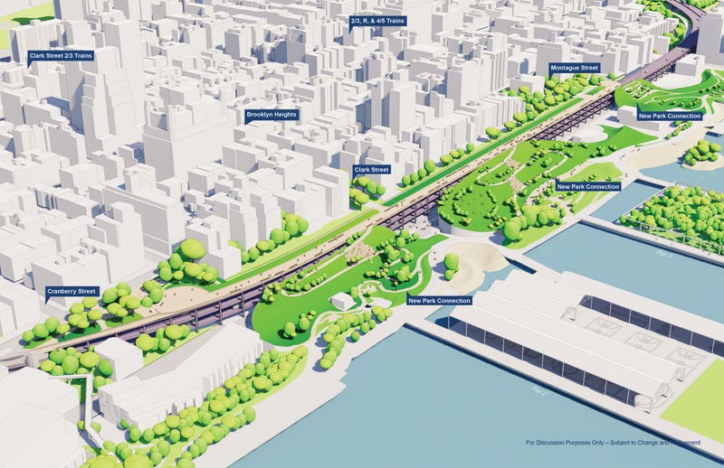 A preliminary model of the BQE renewal proposal that would cover the highway along Brooklyn Bridge Park to provide pedestrian access.