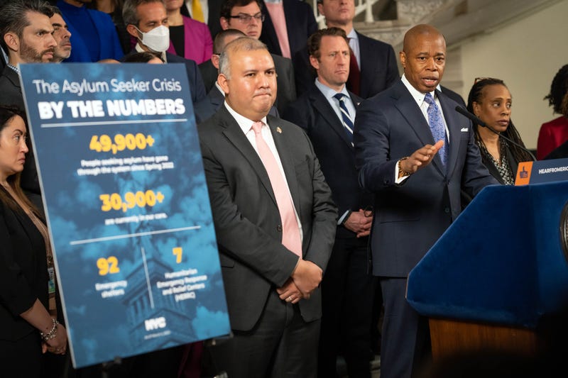 Mayor Eric Adams announcing his plan to establish an agency to manage asylum seekers arriving in New York City. City Hall. Tuesday, March 7, 2023.