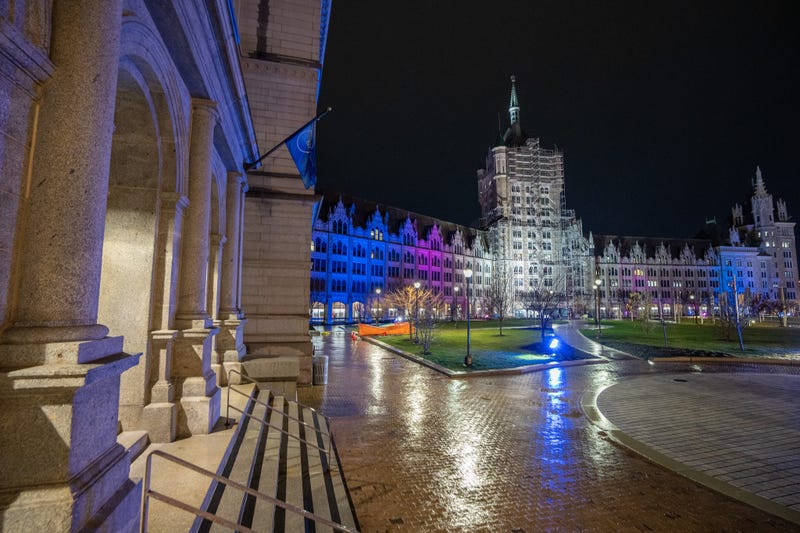 State landmarks were lit pink, white and blue on March 31, 2023 to honor Transgender Visibility Day.