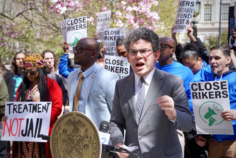 Council member Lincoln Restler speaks at a Rally supporting his plan to close Rikers Tuesday