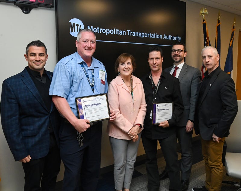 MTA Metro-North President Catherine Rinaldi presents heroism commendations to Metro-North Assistant Conductor Marcus Higgins and Locomotive Engineer William Kennedy at the Railroad Committee meeting at Headquarters on Monday, Apr 24, 2023