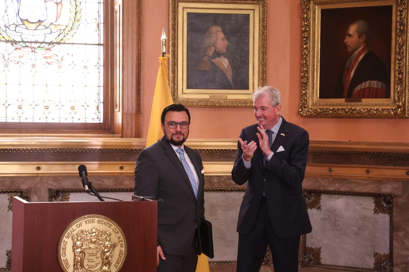 Gov. Phil Murphy announces his nomination of Michael Noriega as New Jersey Supreme Court judge in the New Jersey State House Rotunda on May 15, 2023.
