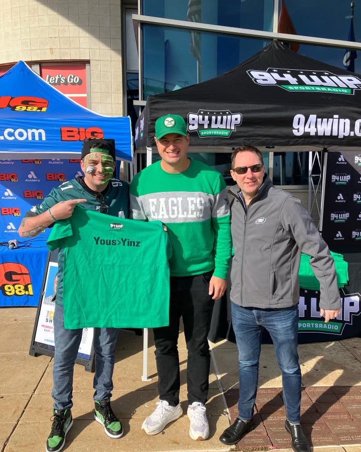 Coop with former Eagle Brent Celek and Joe DeCamera before the Eagles vs. Steelers game