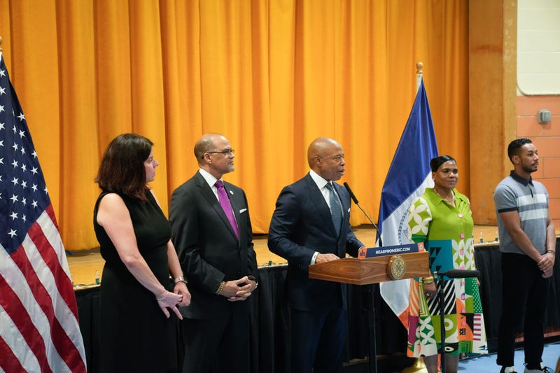 Mayor Eric Adams and School Chancellor David Banks announce the introduction of mindful breathing practices to all New York City Public Schools at P.S. 5 in Bed-Stuy on June 27, 2023.
