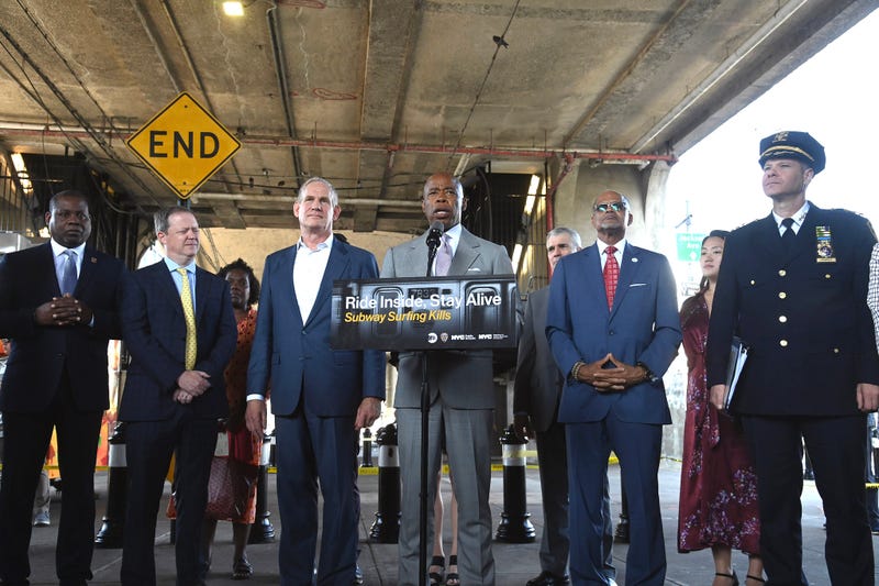 MTA Chair & CEO Janno Lieber, Mayor Eric Adams, NYCT President Richard Davey, and Department of Education Chancellor David Banks unveil the “Subway Surfing Kills - Ride Alive, Stay Inside” PSA at 33 St-Rawson St on Tuesday, Sep 5, 2023