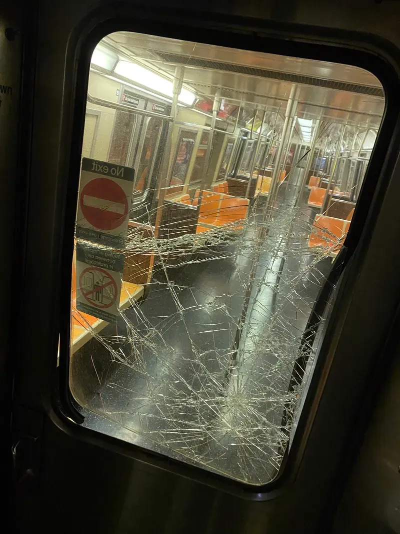 Smashed subway windows on Sept. 14, 2023. 