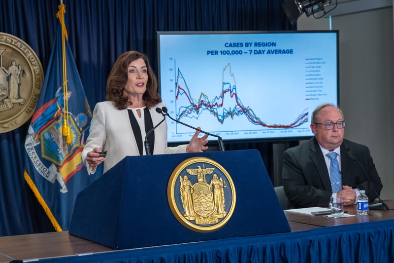 Governor Kathy Hochul holds a COVID-19 briefing on Sept. 13, 2023.