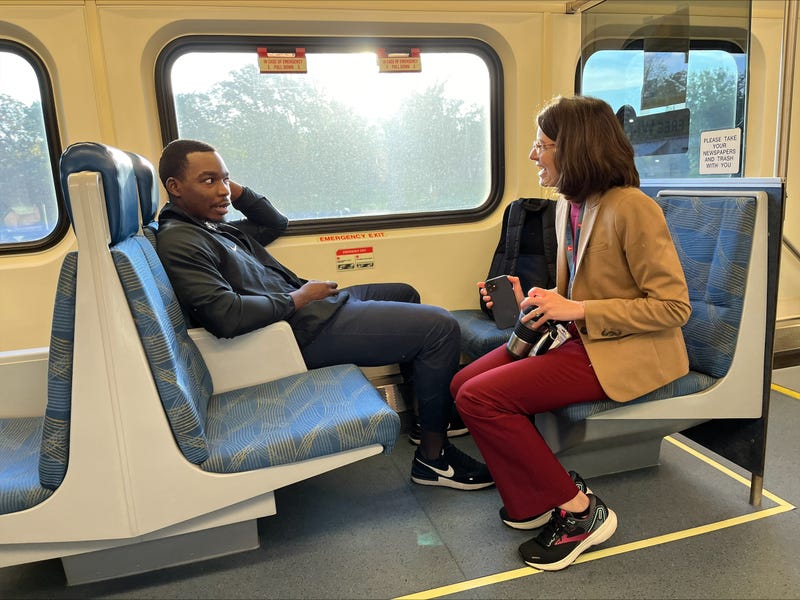 Lesley Kandaras, general manager of Metro Transit, talking to a rider.