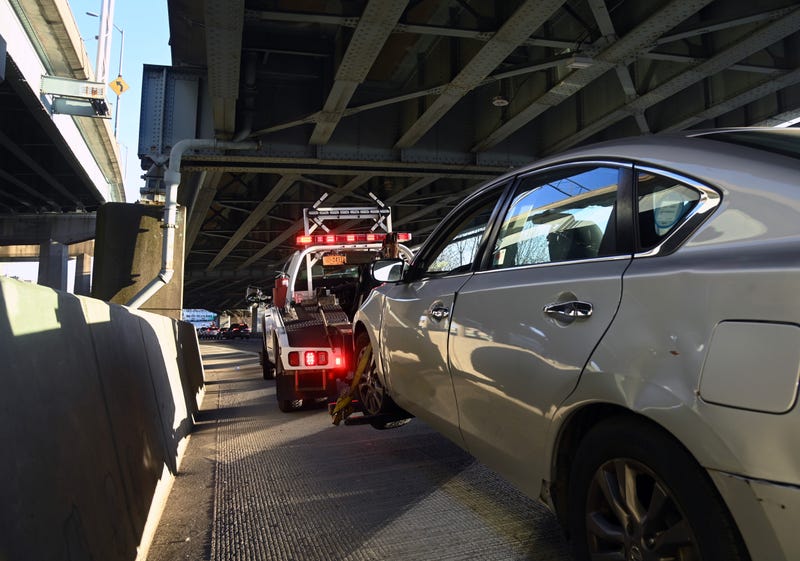 MTA TBTA Bridge & Tunnel Officers (BTOs) conduct vehicle interdiction operations at the Verrazzano-Narrows Bridge on Friday, Dec 15, 2023. A License Plate Reader (LPR) hit flagged this vehicle as a Persistent Toll Violator (PTV) with a suspended registration, and an uninsured driver.