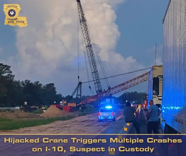 Hijacked crane causes multiple crashes on I-10