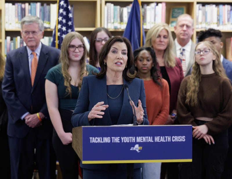 Gov. Kathy Hochul holds a press conference at a high school in Schenectady on Feb. 27, 2024, to announce the expansion of school-based mental health clinics to combat youth mental health crisis.