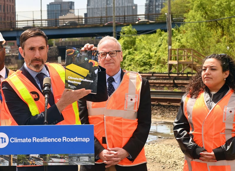 MTA Chair & CEO Janno Lieber and MTA Construction & Development President Jamie Torres-Springer at the Metro-North Railroad Mott Haven Yard announce the Climate Resilience Roadmap on Thursday, Apr 25, 2024. FTA Region 2 Deputy Administrator Donovan Vincent, Assembly Member Jeffrey Dinowitz, State Senator Nathalia Fernandez, and Metro-North President Catherine Rinaldi were on hand.