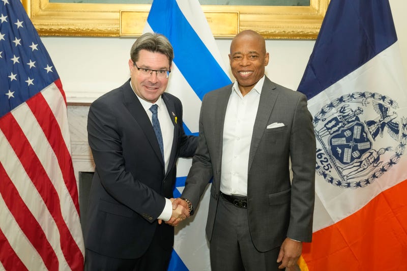 New York City Mayor Eric Adams with Israel's Consul General in New York, Ofir Akunis, at City Hall on Friday, May 3, 2024. 