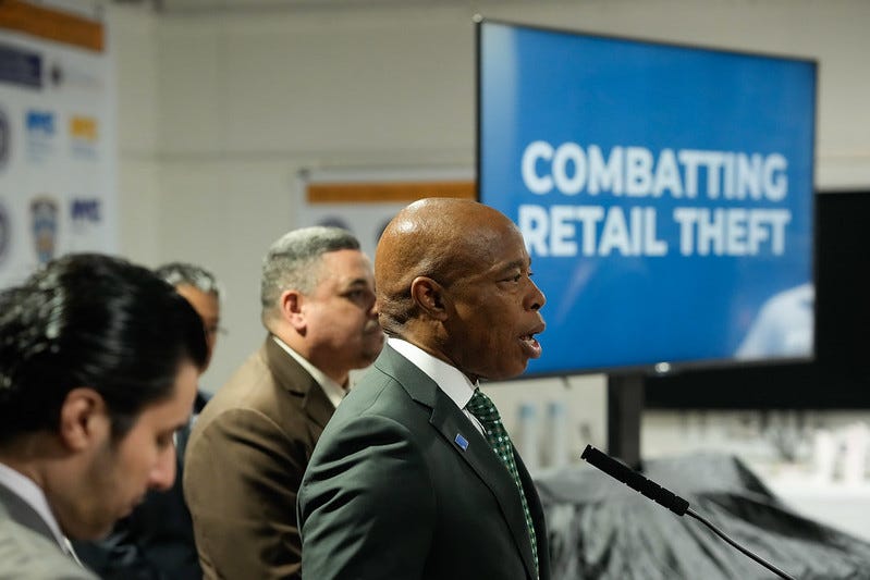 Mayor Eric Adams makes public safety and retail theft-related announcement at the 125th Street Business Improvement District Headquarters in Harlem on May 16, 2024.