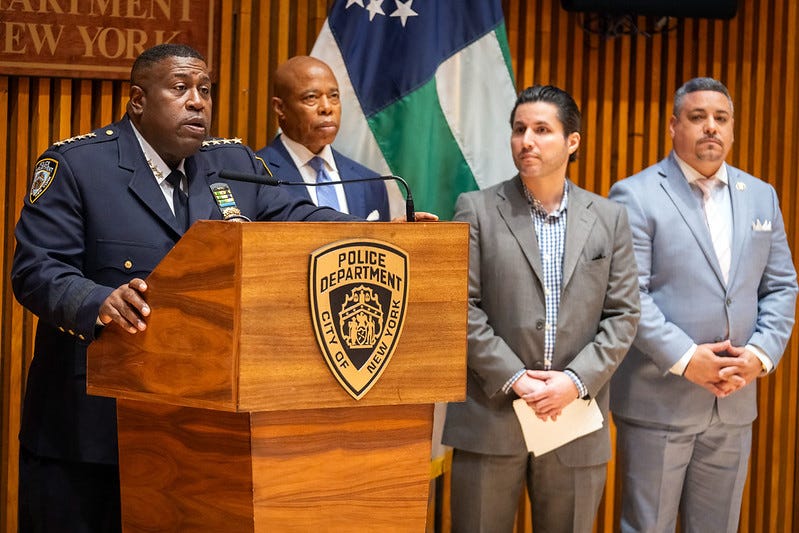 Mayor Eric Adams and NYPD officials hold a briefing regarding security for the Israel Day Parade on Sunday.