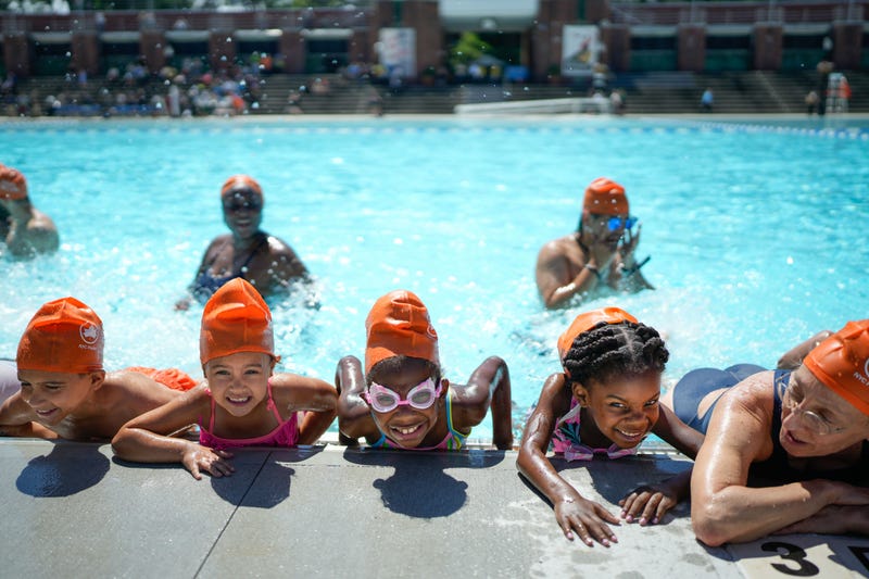 New York City Mayor Eric Adams helps open the public pool season at Astoria Pool on Thursday, June 27, 2024.