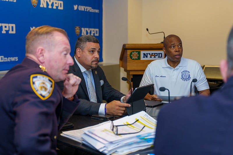Mayor Eric Adams being briefed on the security preparations for the upcoming July 4 celebrations at One Police Plaza on Wednesday, July 3, 2024.